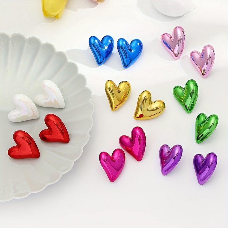 

Colorful Glossy Heart Design Stud Earrings Acrylic Jewelry Simple Leisure Style Adorable Gift For Lovers