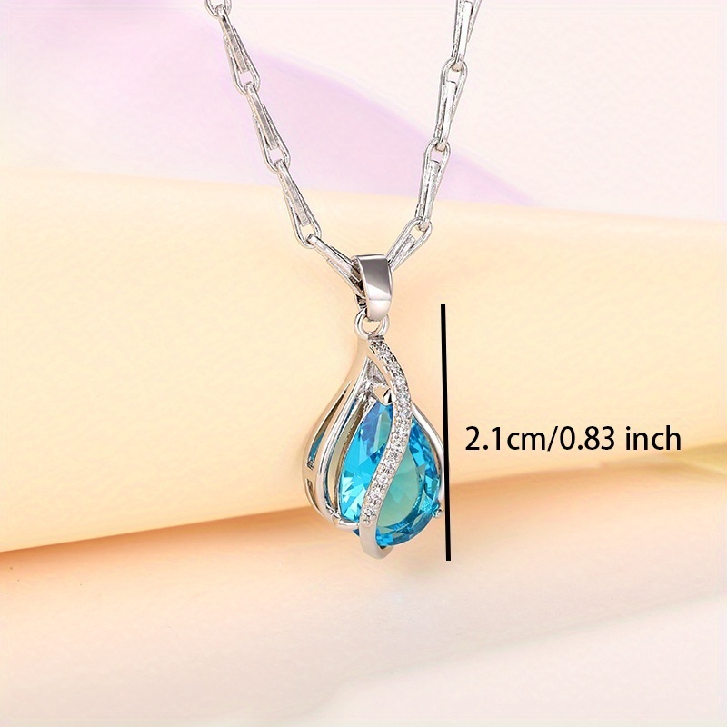 925 Silver Plated Teardrop Aquamarine Pendant Necklace