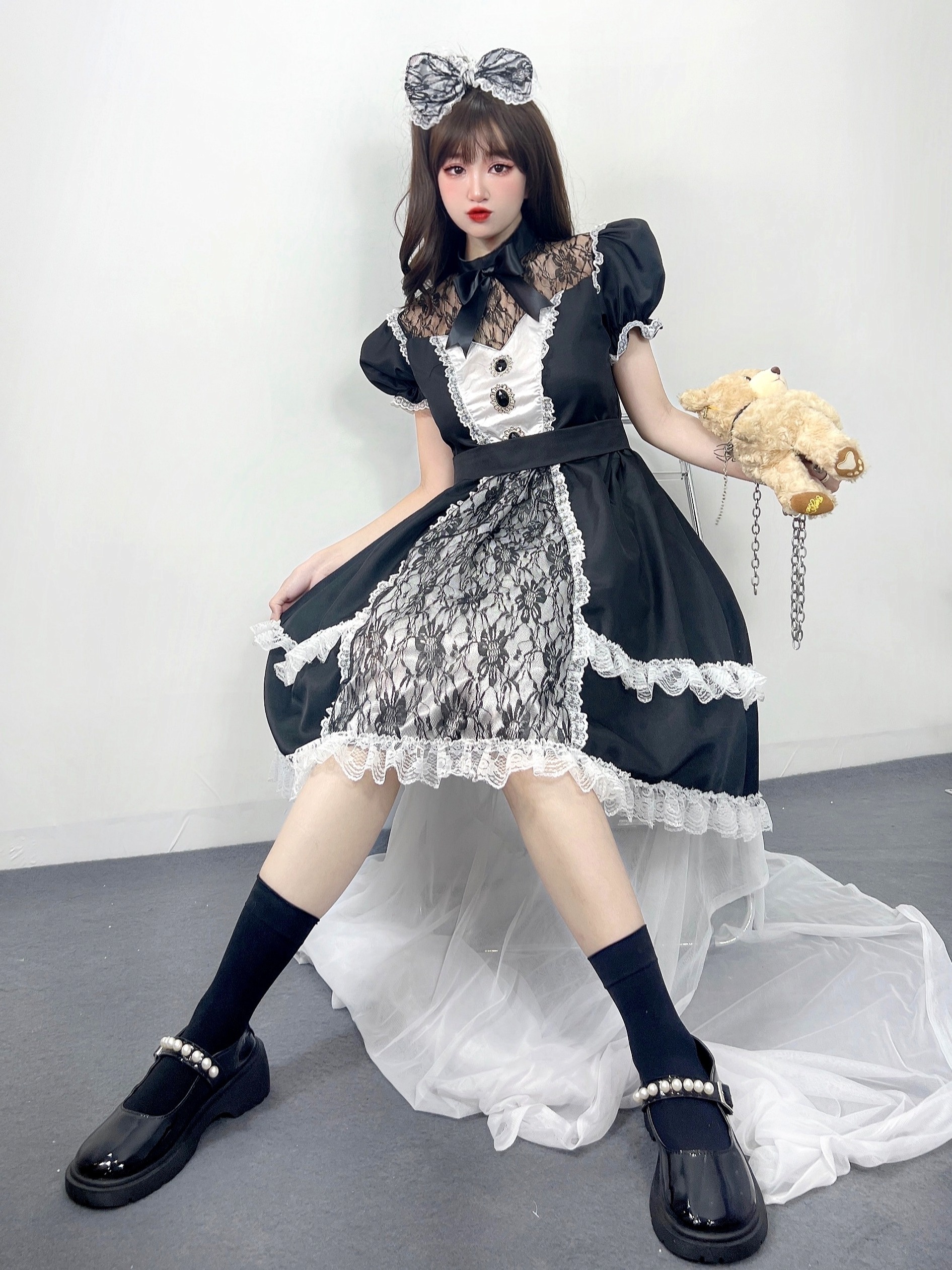 Women Girls Lolita Dress Japanese Kawaii Ruffle Bowknot Sweet Plaid Check