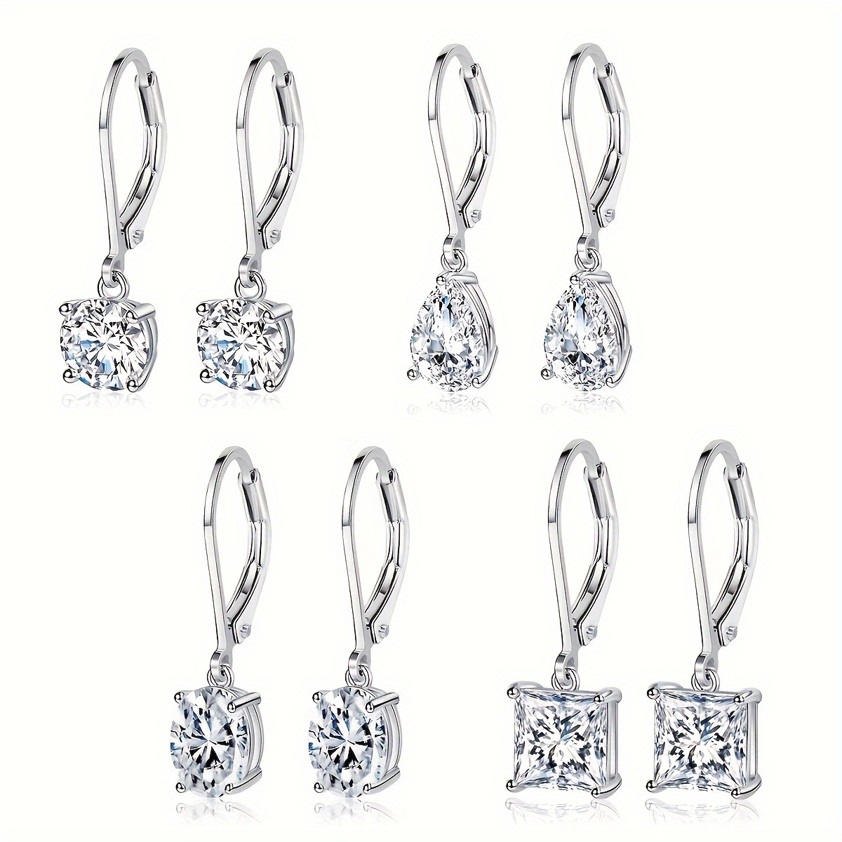 

4 Pairs Oval, Round, Square, & Teardrop Shape Zirconia Design Dangle Earrings Minimalist Elegant Style Female Gift