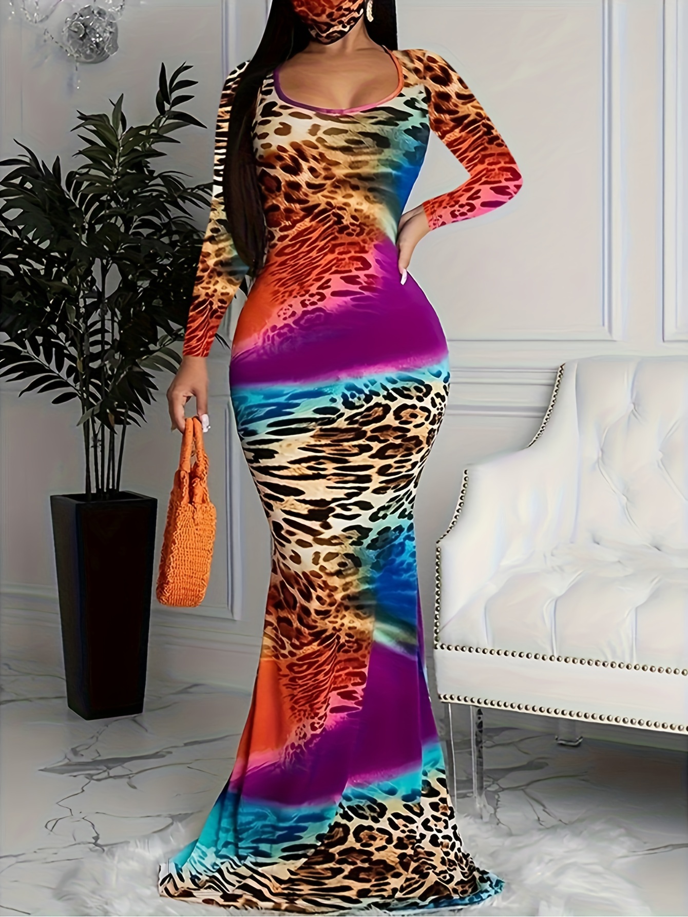 Tie Dye Print Dress, Sexy Long Sleeve Bodycon Maxi Dress, Women's Clothing