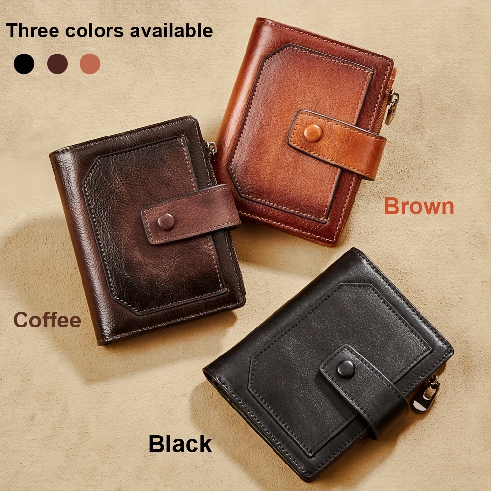 Compact Small Trifold Black Genuine Leather Wallet