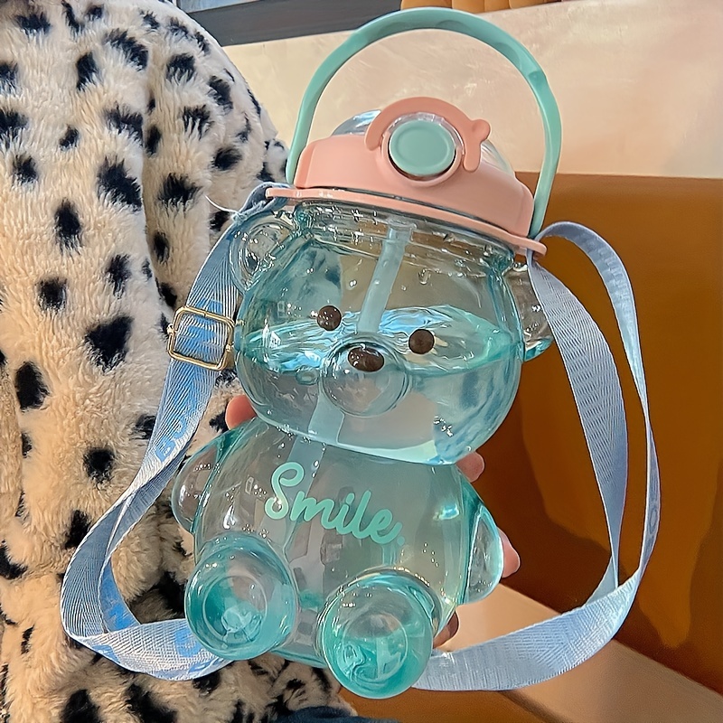 Bouteille D'eau À Paille Plastique Transparent Avec Joli Design Ours ,  Portable