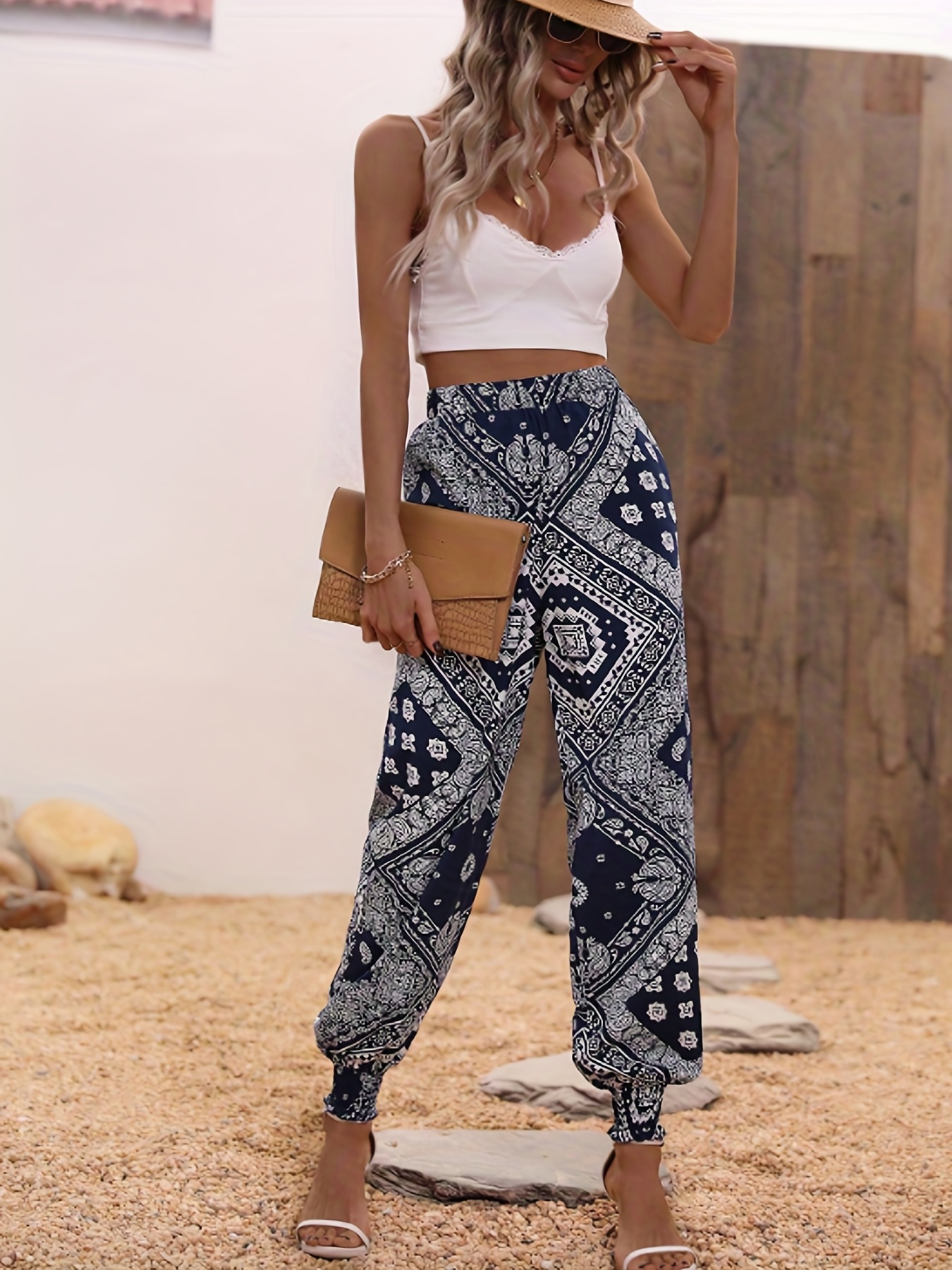 Paisley Print Ethnic Pants Vintage Elastic Waist Pants - Temu