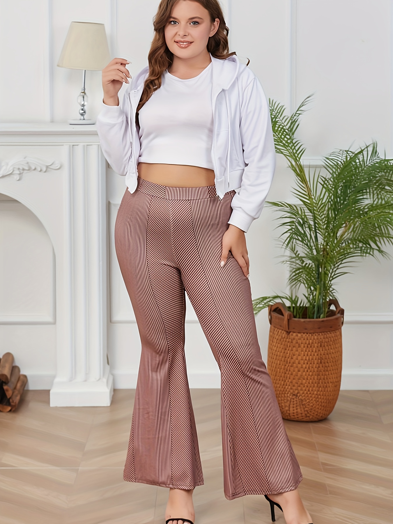 plus size casual pants womens plus stripe print high rise slight stretch flared leg trousers details 2