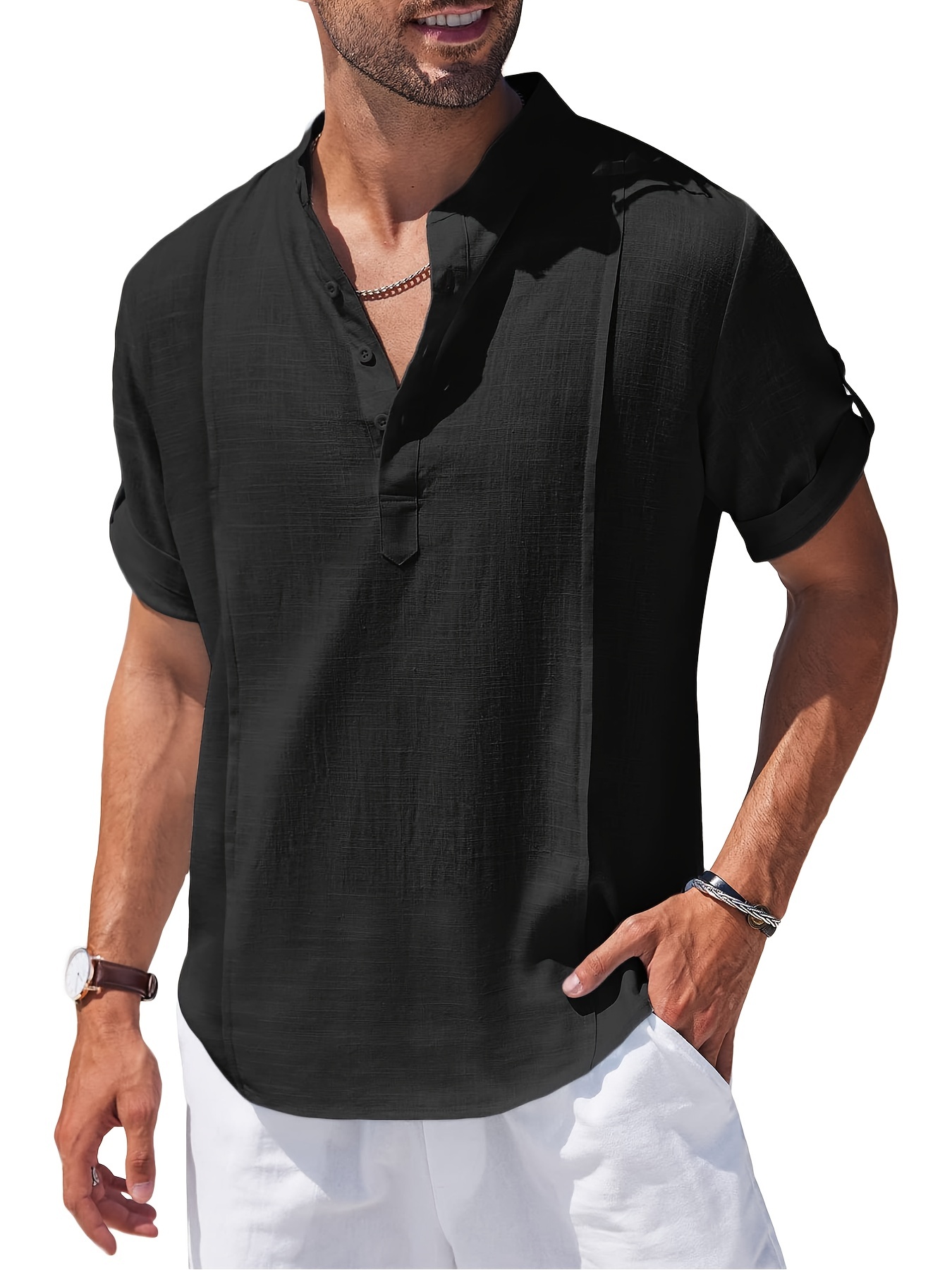 Men's Cotton Ramie Fiber Shirt Top Turn Collar Long Sleeve - Temu