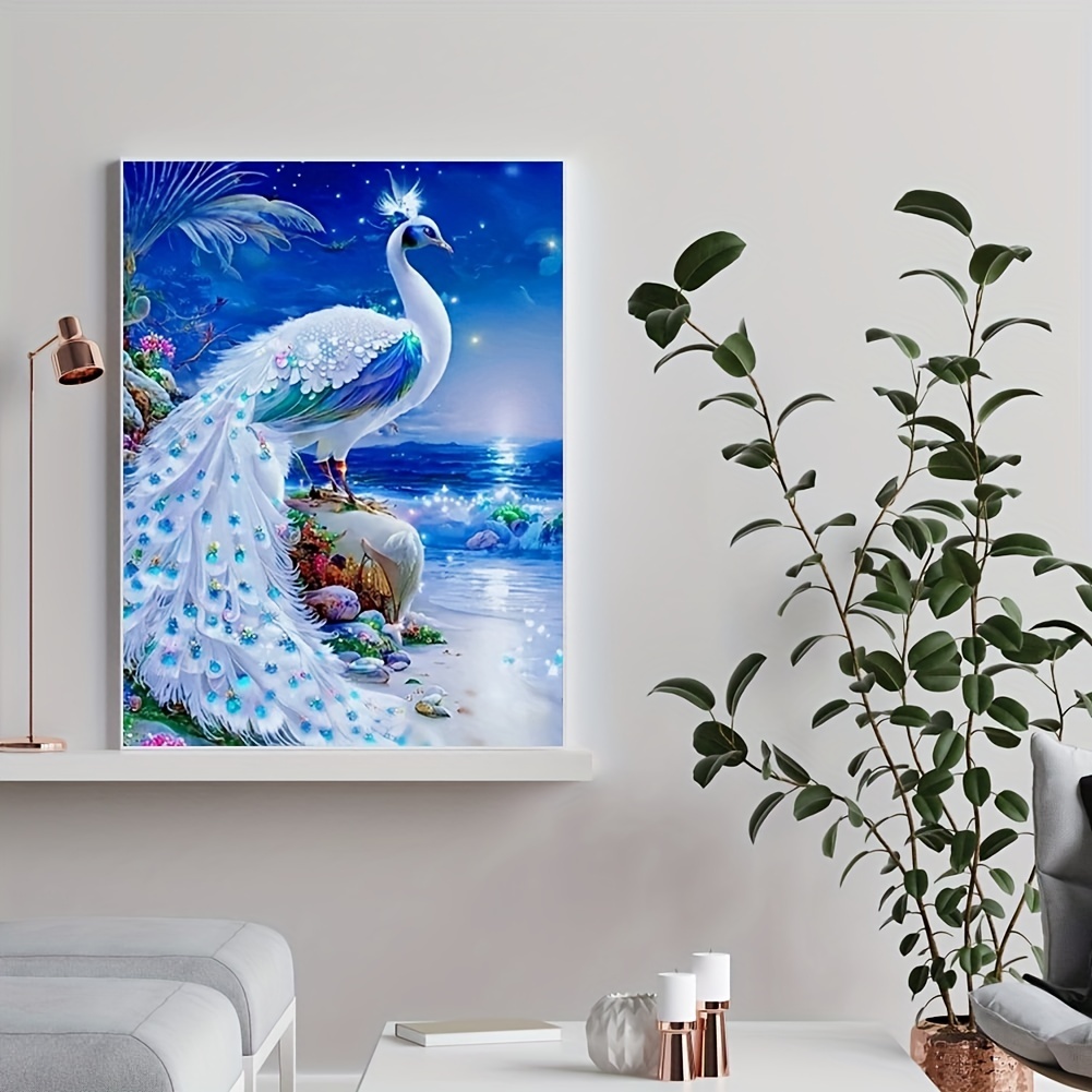 5D DIY Artificial Diamond Painting, White Peacock Diamond Art Painting Kits  For Adults Diamond Painting For Wall Decor 30x40cm/12x16 Inch