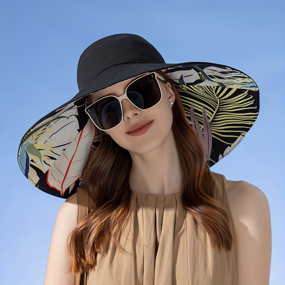 Summer Women Double-sided Flower Print Cotton Sun Hats Ladies Fashion Wide  Brim Foldable Sun Bucket Hats Anti-UV Beach Hat Caps
