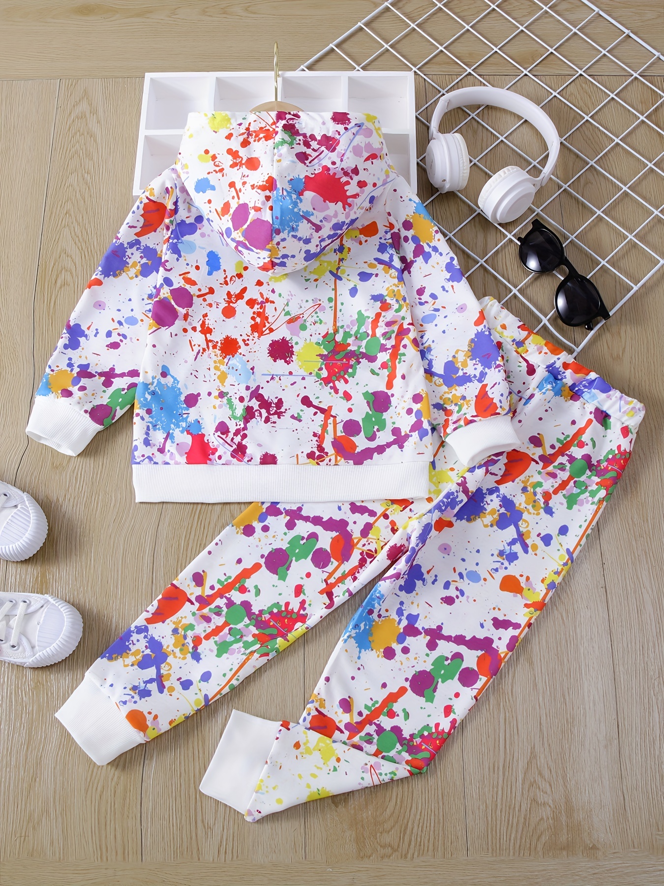 Girl's Paint Splash Pattern Outfit 2pcs, Portrait Print Hoodie & Sweatpants, Sports Pants Set, Kid's Clothes for Spring Fall,Temu