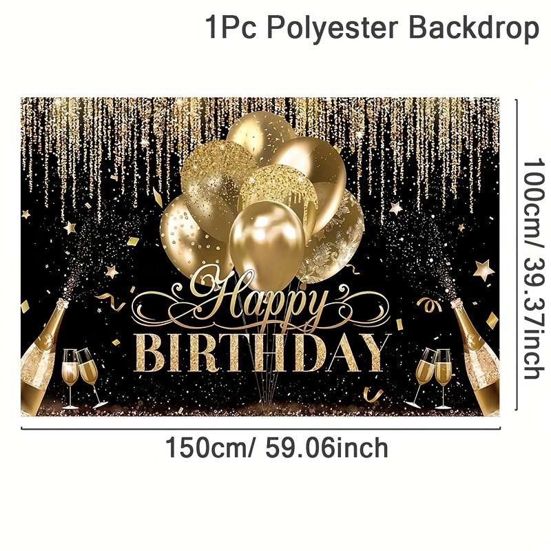 Happy Birthday Polyester Photography Backdrop black And Gold - Temu