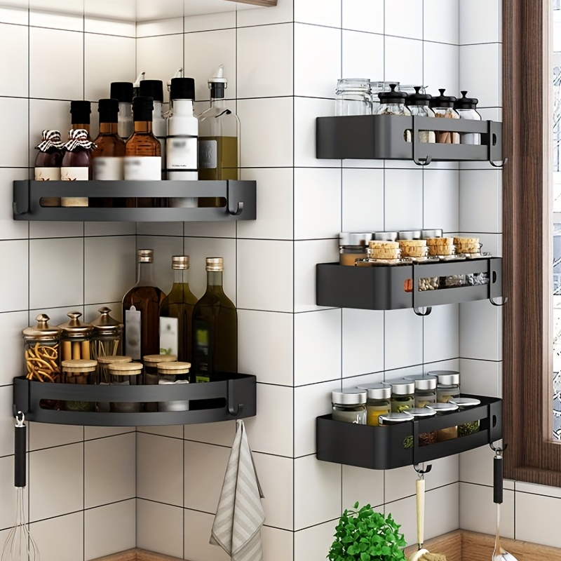  Organizador de especias para gabinete o montaje en pared (4  niveles), organizador de especias negro colgante para pared de cocina,  organizador de condimentos, estantes de almacenamiento para armario de  cocina, armario