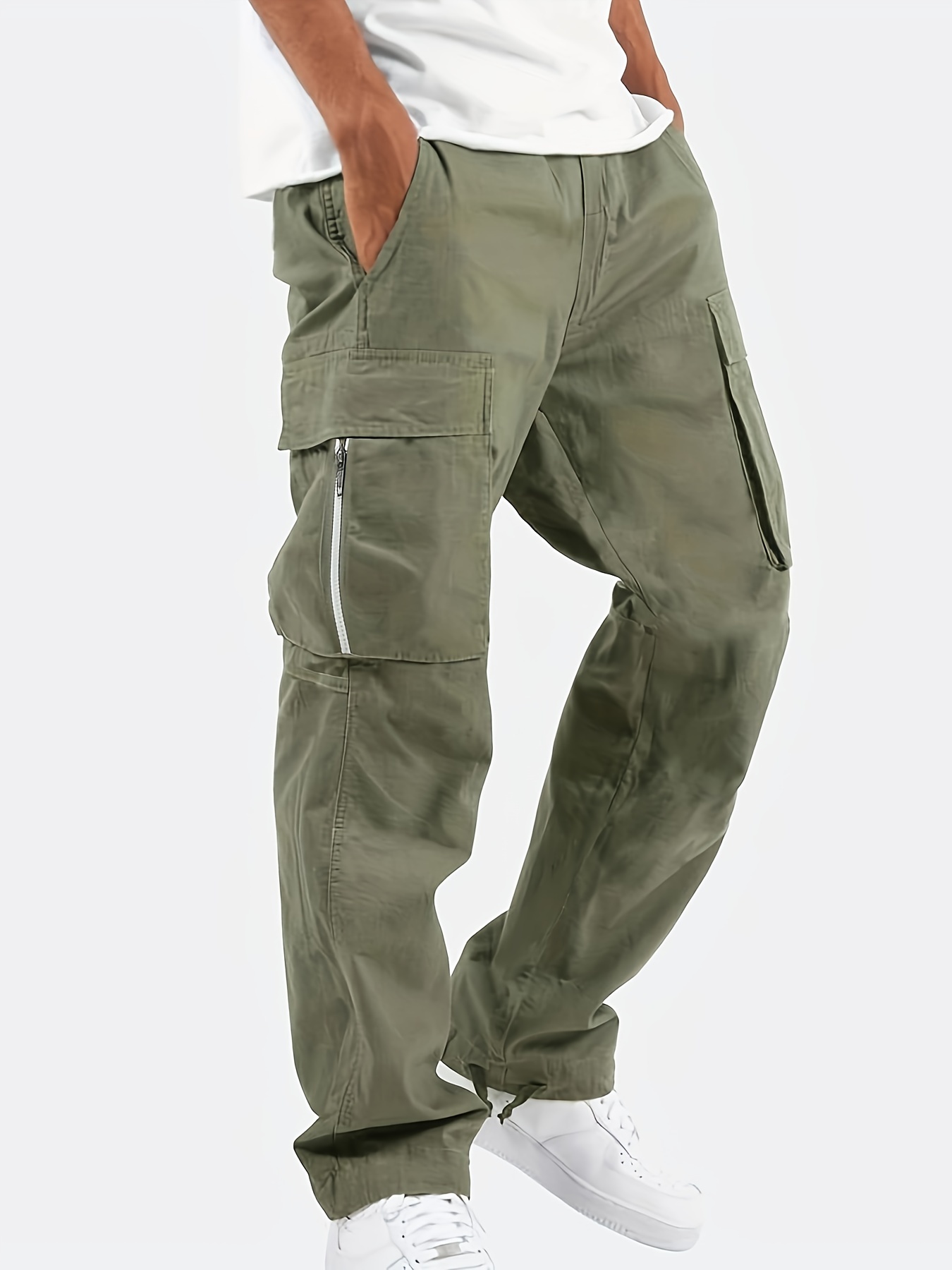 Solid Multi Flap Pockets Men's Straight Leg Cargo Pants - Temu