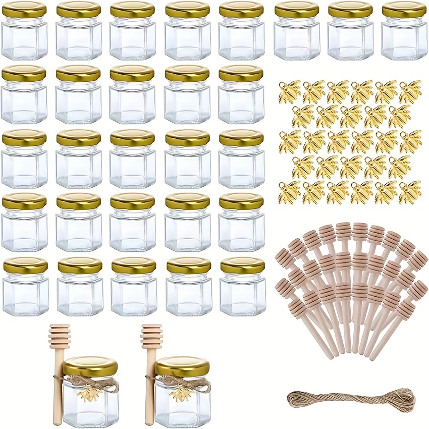 Mini pots à miel en verre hexagonal avec couvercle doré, trempette