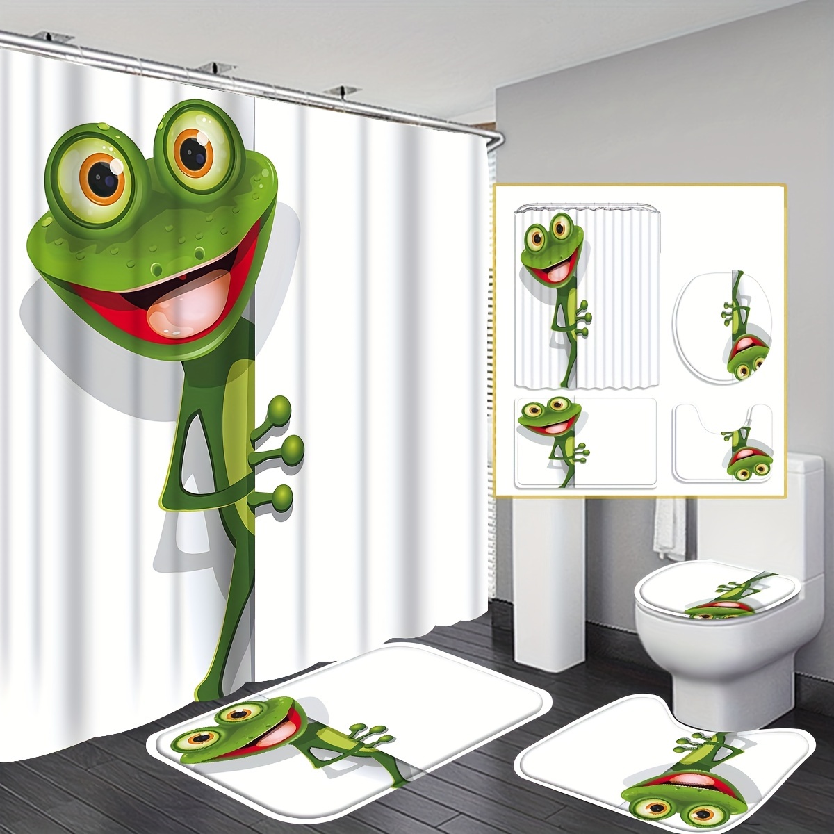 1/4pcs Cute Frog Pattern Shower Curtain, Waterproof Shower Curtain With 12  Hooks, Bathroom Rug, Toilet U-Shape Mat, Toilet Lid Cover Pad, Bathroom Dec