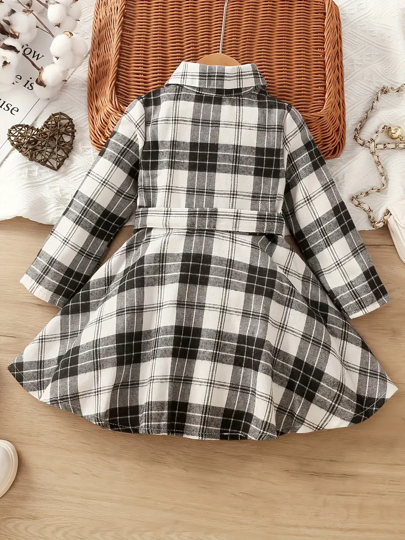 girls classic plaid dress with bowknot belt collar long sleeves dress for spring autumn details 1