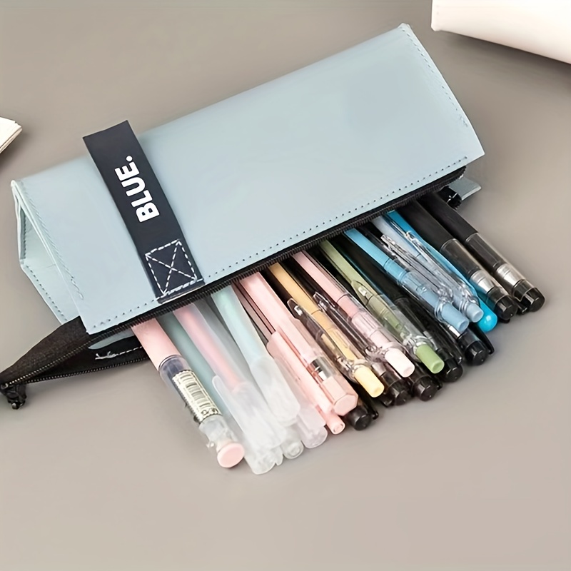 Canvas Blue Pencil Case Solid Color Stripes Simple Pencil Bags for