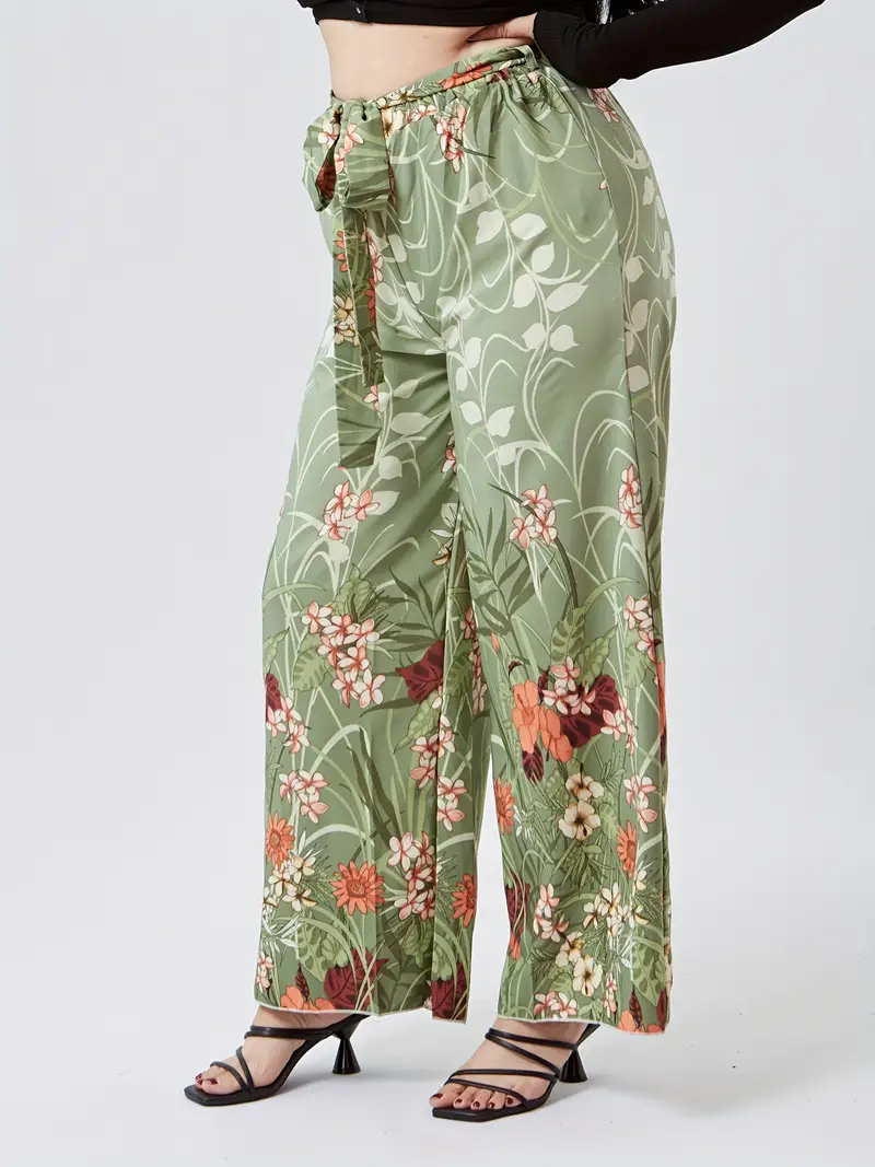 Plus Size Casual Pants Women's Plus Floral Print Tie Waist - Temu