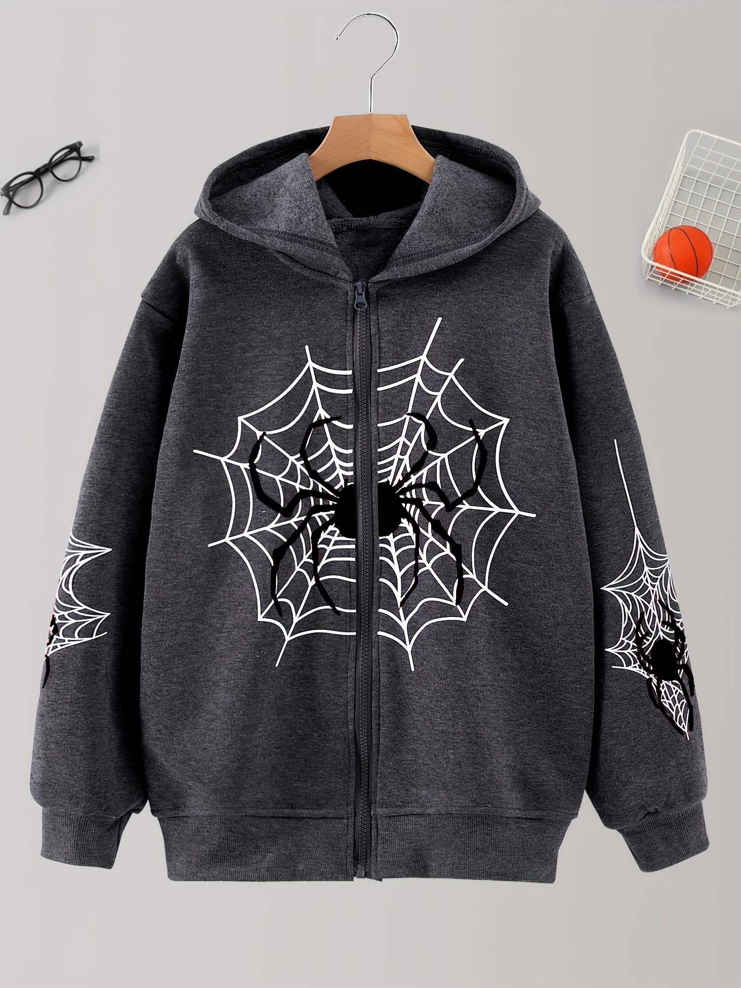Hoodie Women's Rhinestone Spider Web Hooded Gothic Jacket