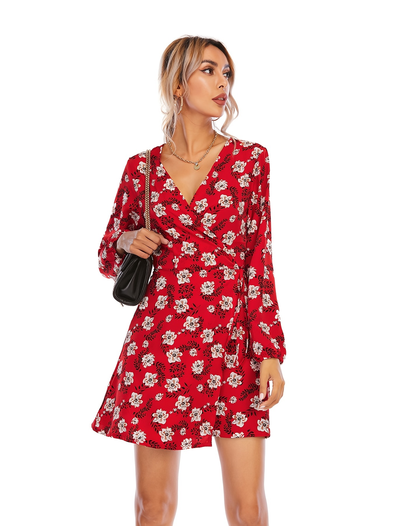 floral print v neck dress long sleeve casual every day dress for spring fall womens clothing