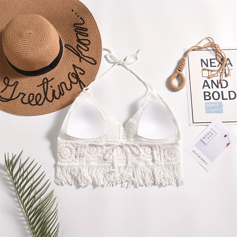 Bohemian ethno-style embroidered chest cup embroidery, halterneck small vest, suspender short backless openwork swimsuit top, bikini Women's swimsuit