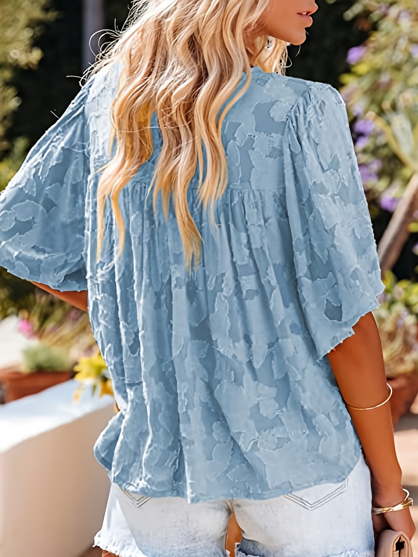 Casual Lace Flare Sleeve Blouse, Short Sleeve Crew Neck Solid