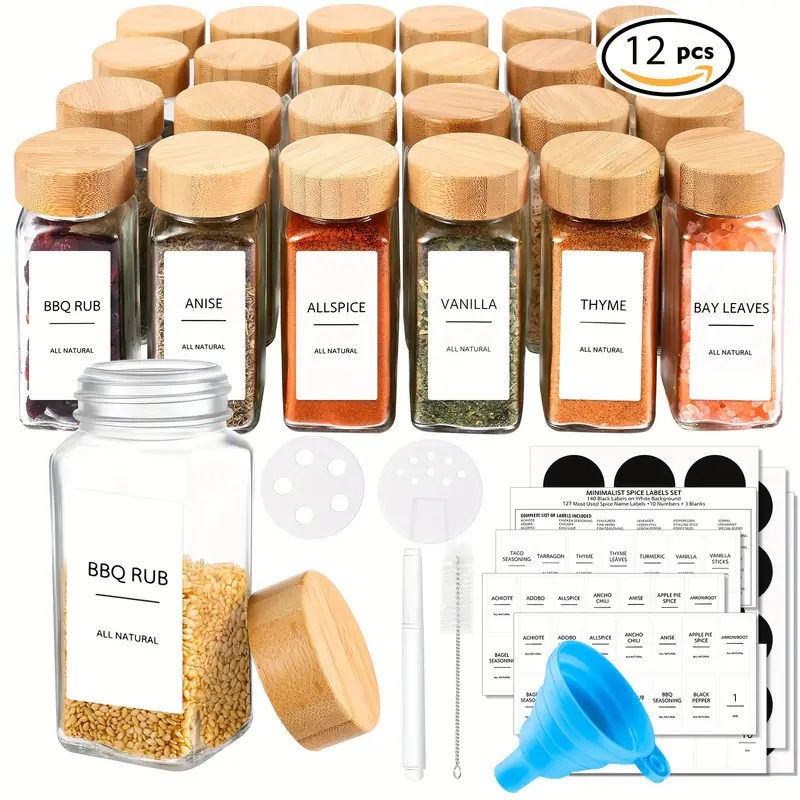 Glass Spice Jars With Bamboo Airtight Lids And Labels, Empty Square  Containers, Seasoning Storage Bottles With Shaker Lids, Funnel, Brush And  Marker Included, Kitchen Gadgets, Cheap Items - Temu