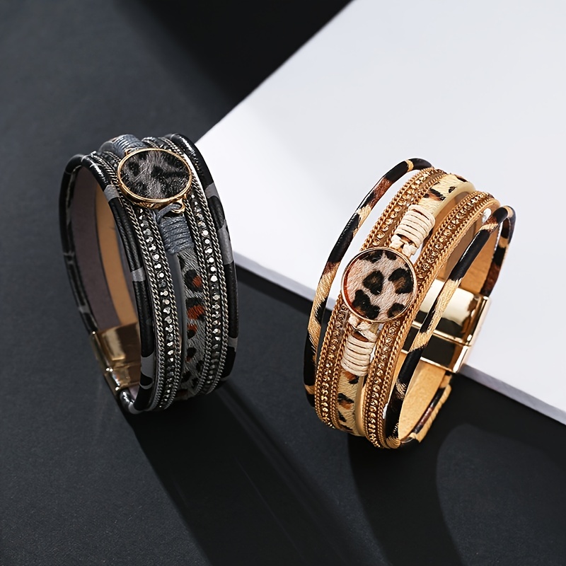 Multilayer Braided Leopard Print Magnetic Button Leather Bracelet