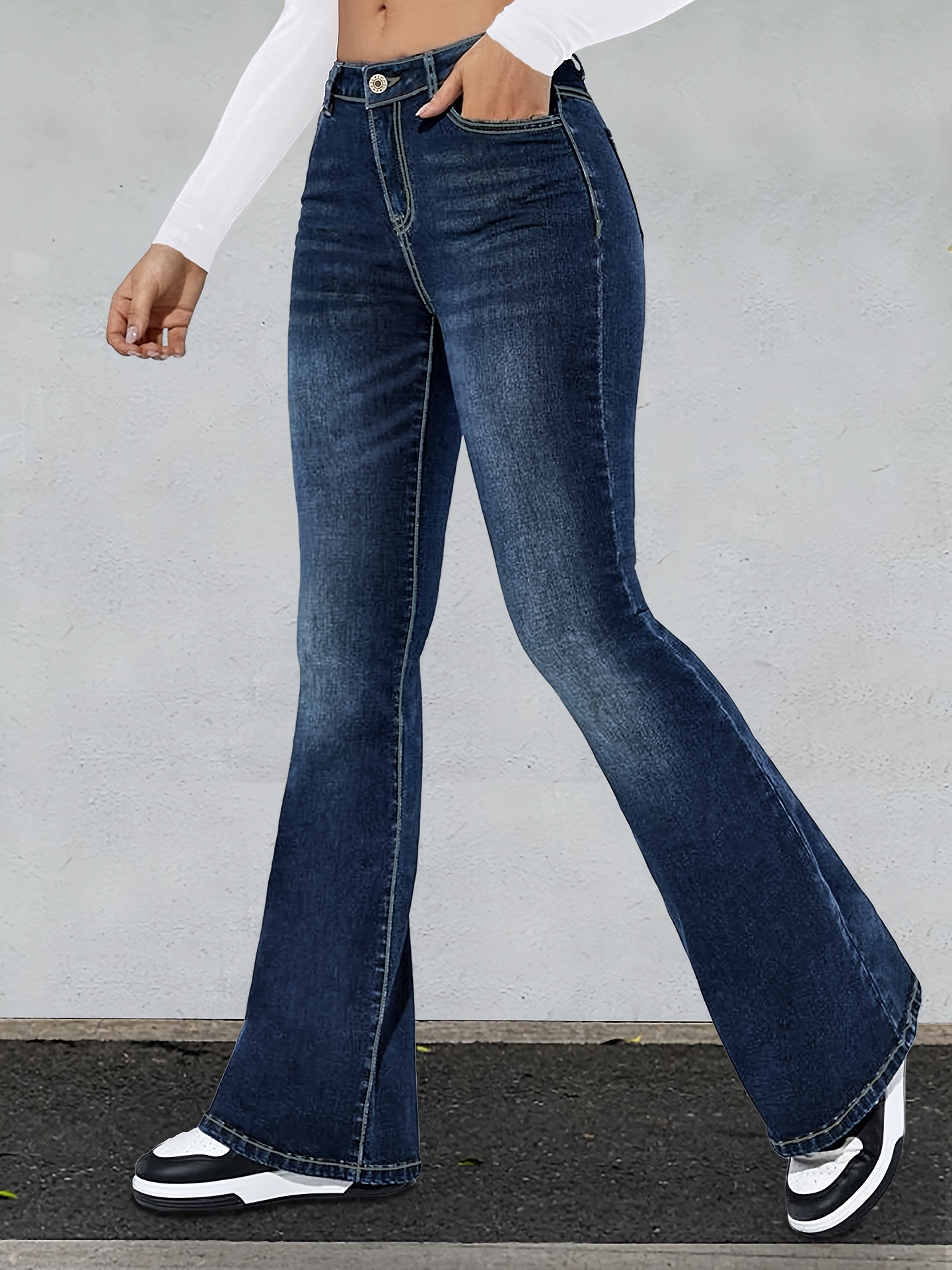 Y2k Style Washed Flare Jeans Slant Pockets High Stretch Bell - Temu