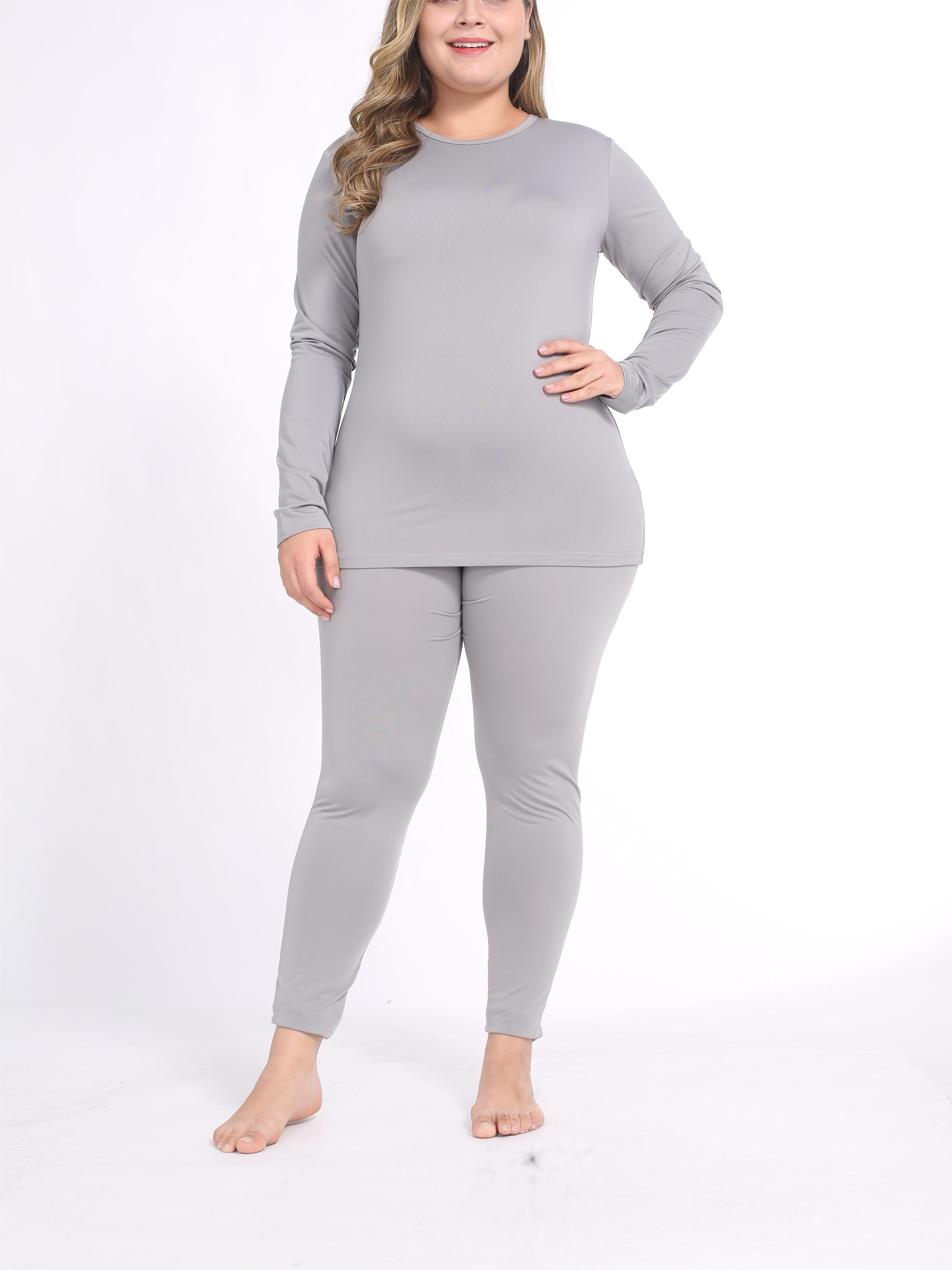Plus Size Basic Thermal Underwear Set, Women's Plus Solid Long Sleeve Round  Neck Fleece Lined Top & Bottom Pajamas Two Piece Set