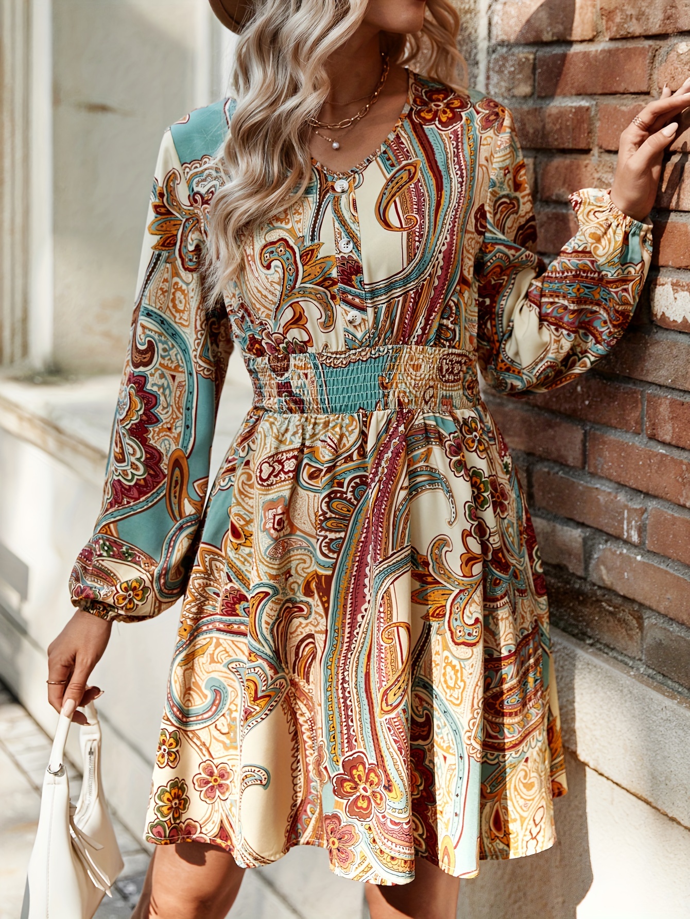 Paisley Print Shirred Waist Dress Boho V Neck Long Sleeve - Temu