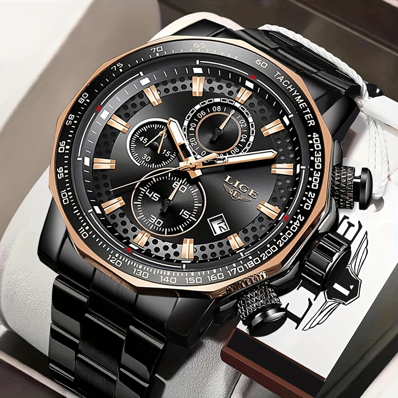 Relógio masculino de quartzo analógico LIGE com pulseira de aço inoxidável  preto e preto