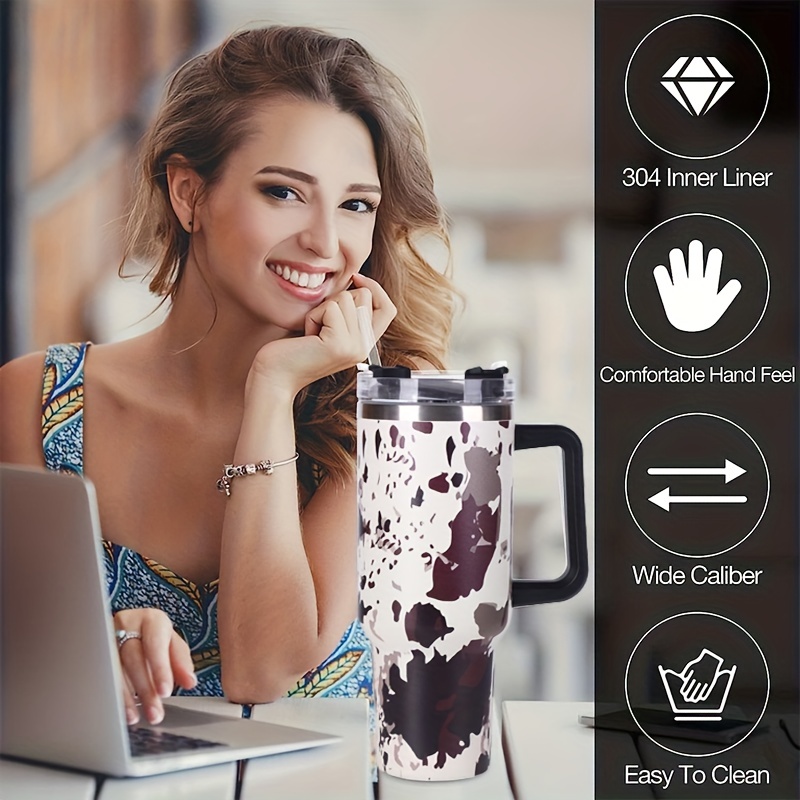Rhinestone Cow Print 40oz Double Wall Stainless Steel Vacuum Tumbler With  Handle - Screw On Matching Lid Featuring 3 Positions (Straw, Wide Mouth &  Full Cover) - Sturdy Handle (3.5 W Handle