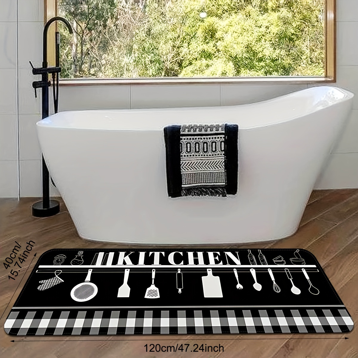 1pc Letter Graphic Kitchen Rug, Black-and-white Polyester Modern