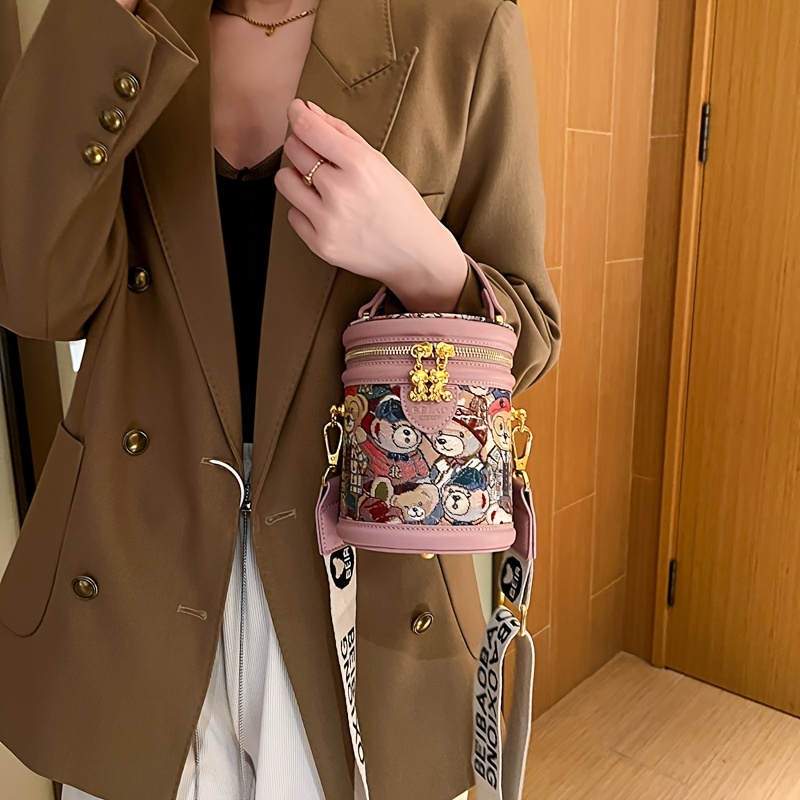 QUARRYUS Letter Detail Bucket Bag, Fashion Top Handle Purse, Stylish Faux Leather Shoulder Bag, Women's, Size: One size, Brown