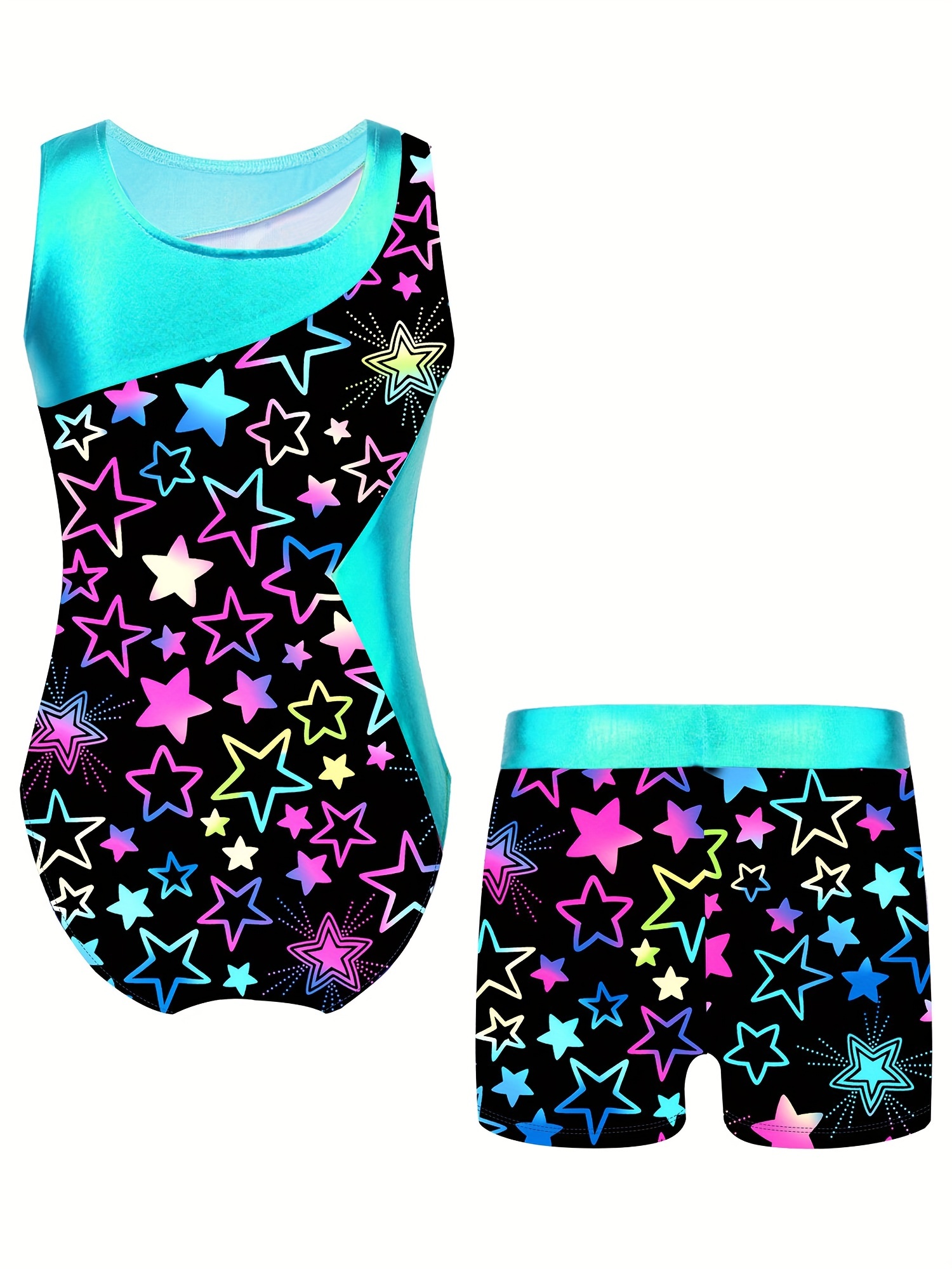 Girls 2pc Gymnastics Training Sets Sleeveless Athletic Jumpsuit & Shorts