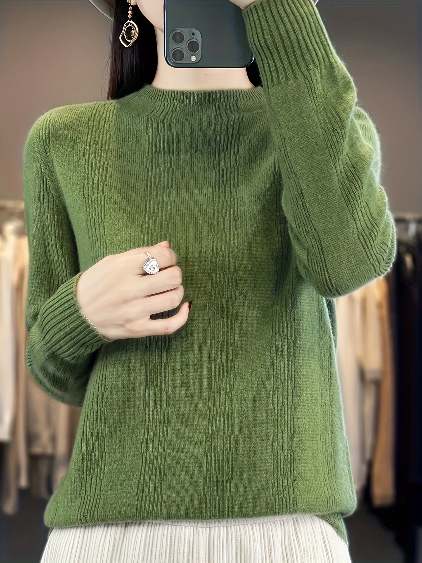 solid mock neck pullover sweater casual long sleeve inner wear sweater womens clothing olive green 2