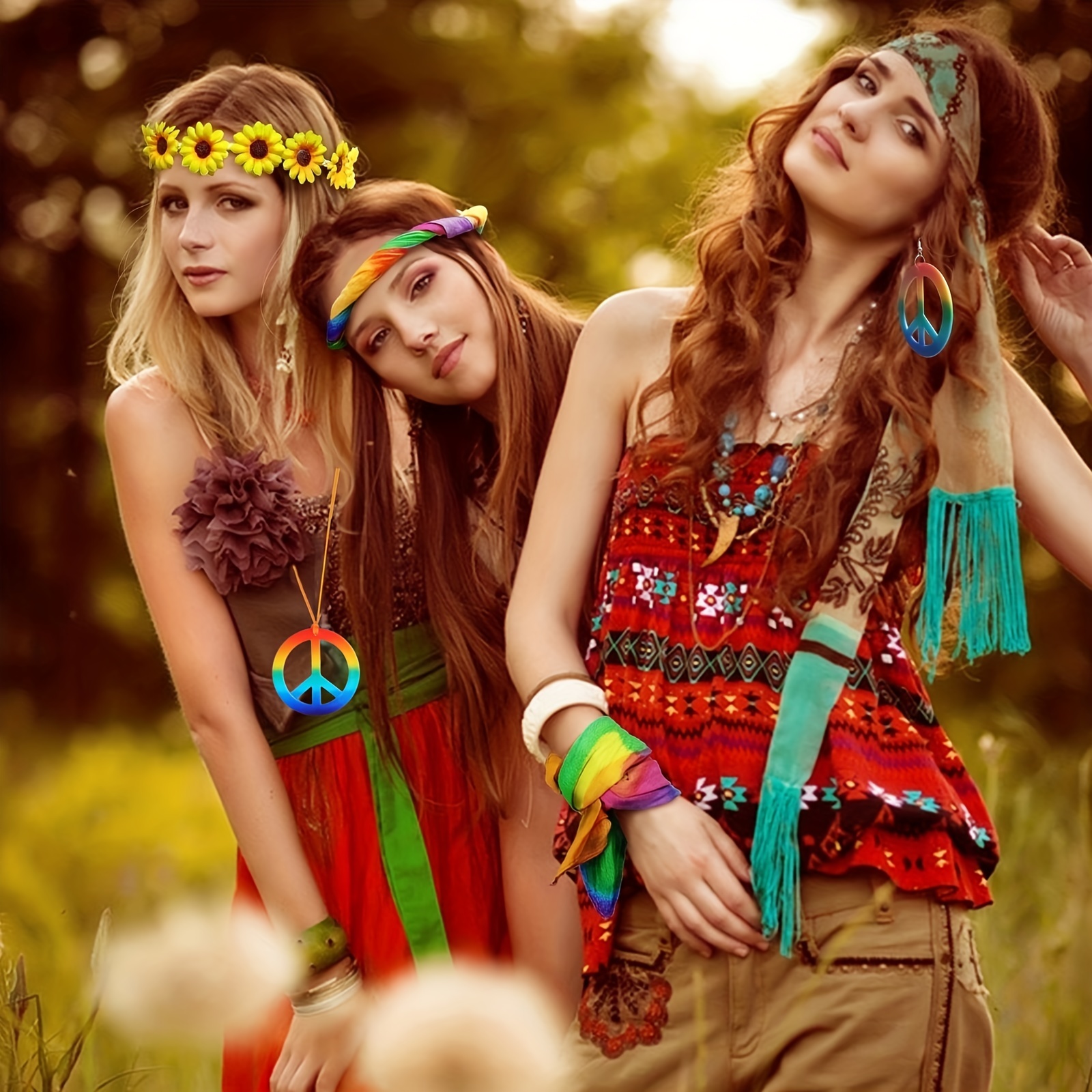 4pcs Hippie Costume Suit, 60s Vintage Style Vintage Glasses Peace Logo  Necklace Sunflower Crown Hair Band 60s Hippie Dress Accessories Set