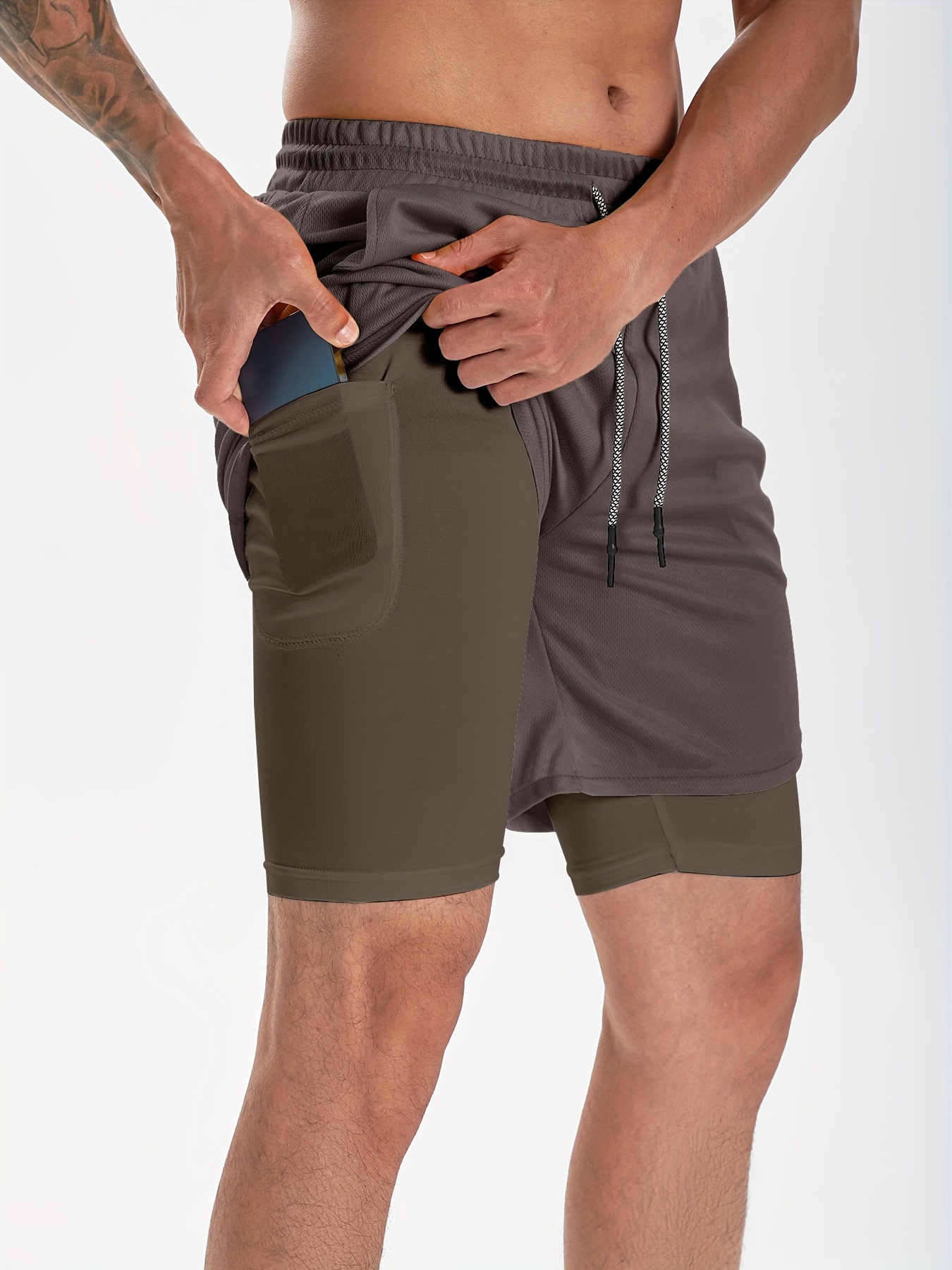 2in1 Running Mens Sports Shorts Built-in Phone Pocket Liner Workout Short  New