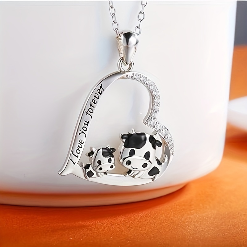1pc cow mother child shape pendant necklace heart shape pendant with zirconia jewelry cute animal necklace for men 0