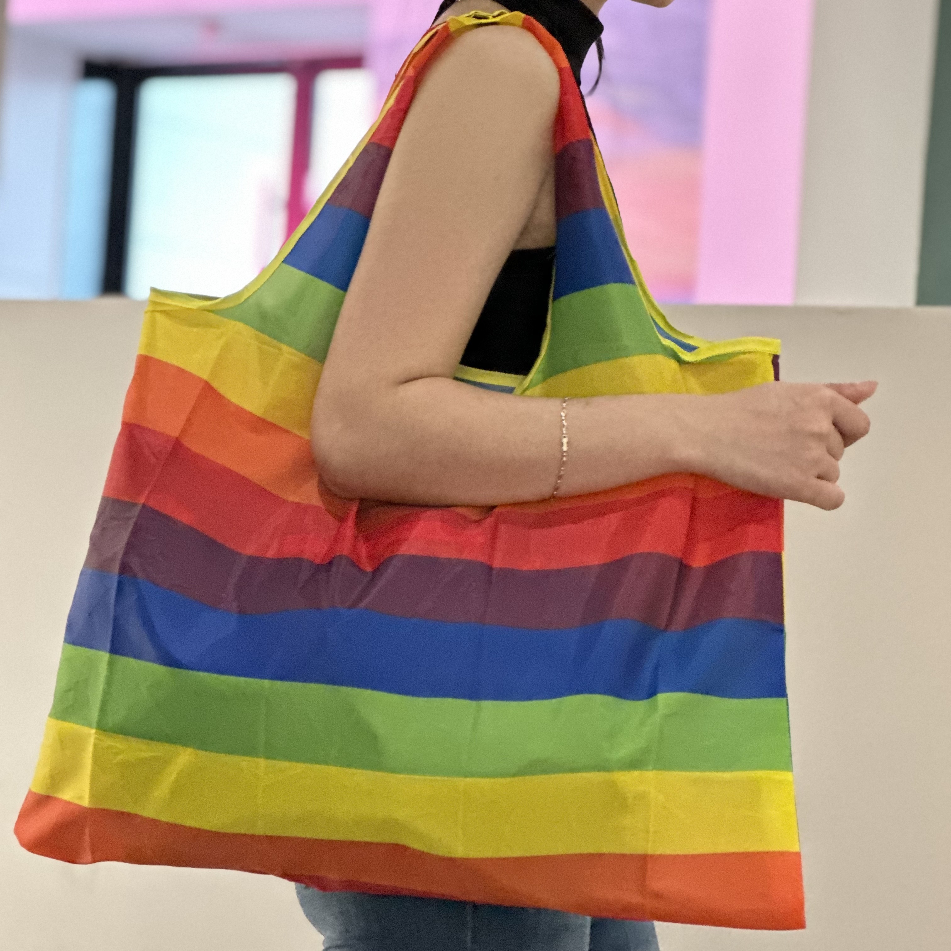 Rainbow Striped Large Capacity Shopping Tote Bag, Nylon Foldable