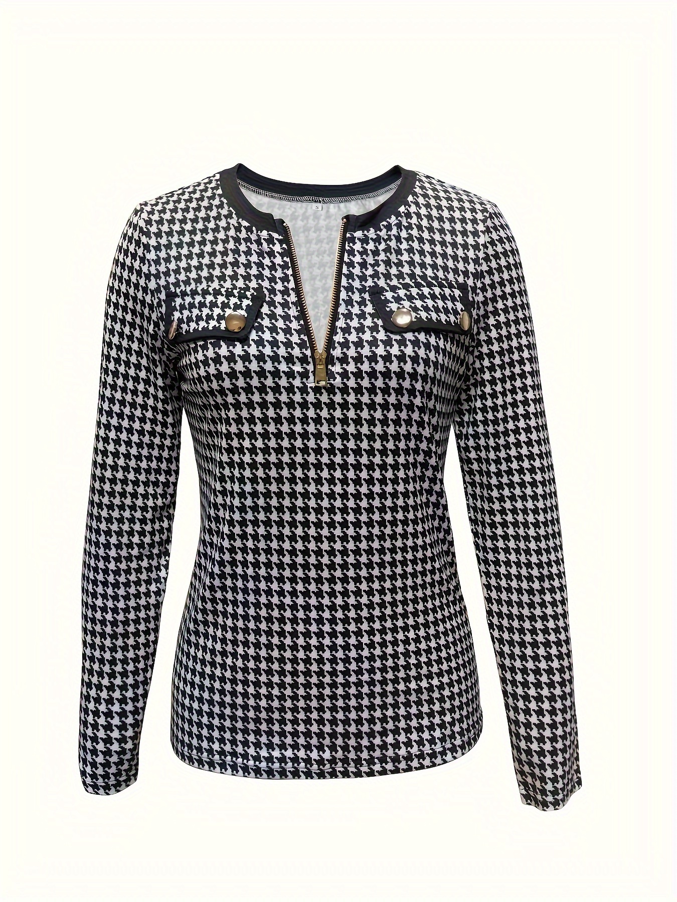 Tričko Na Zip S Potiskem Houndstooth, Ležérní Top S Dlouhým Rukávem Na Jaro A Podzim, Dámské Oblečení
