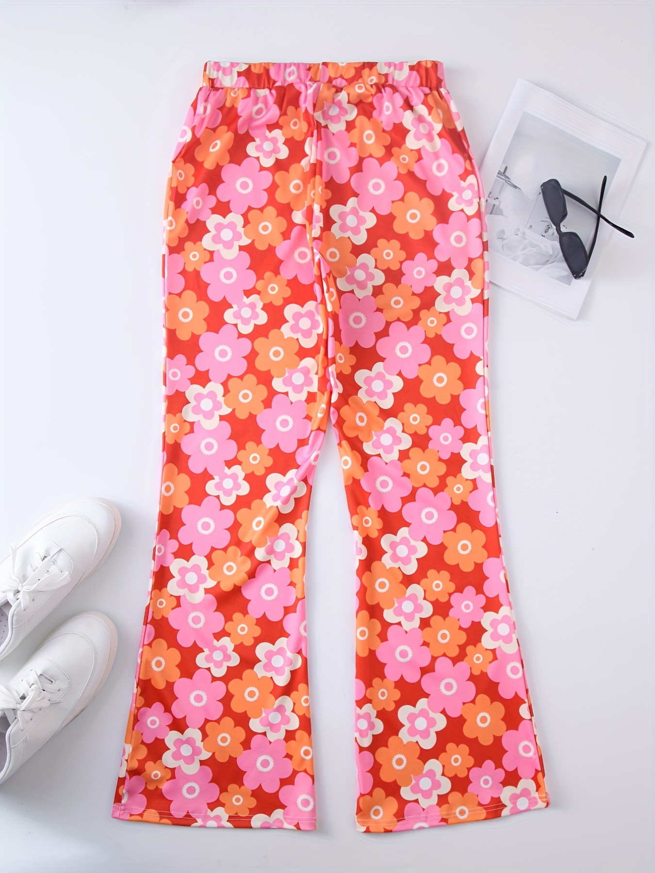 Plus Size Colorful Floral Casual Pants High Floral - Temu