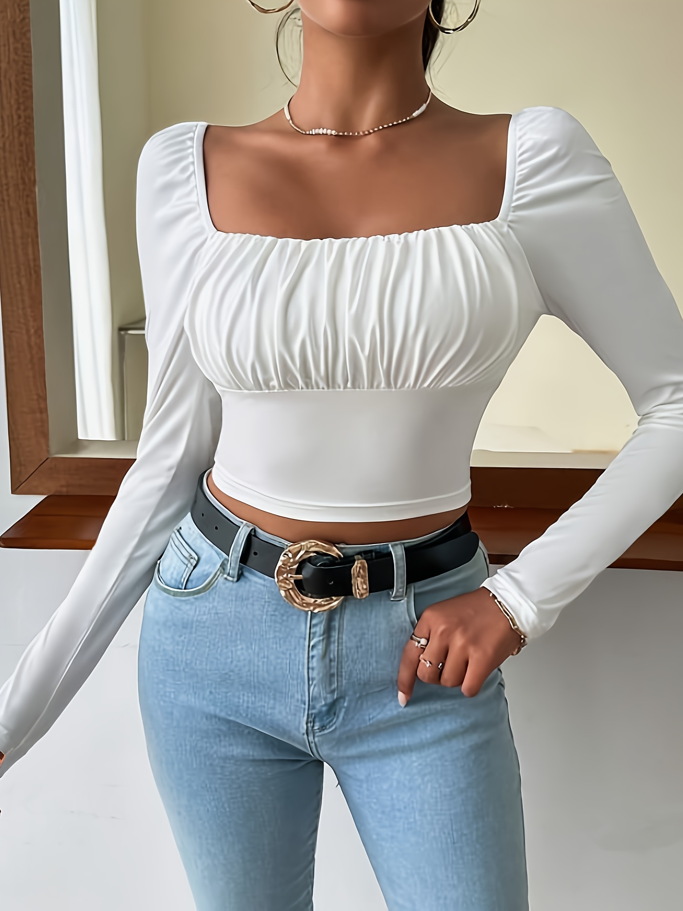 Ruched Square Neck Crop T-Shirt, Casual Long Sleeve Top For Spring & Fall, Women's Clothing