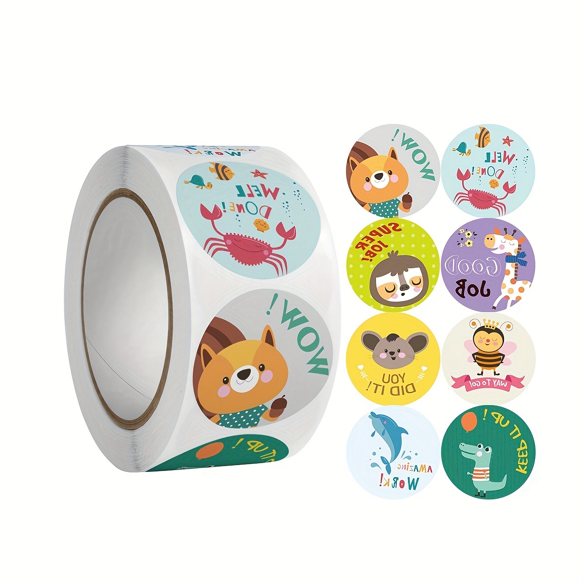 500pcs/Roll Good Job Stickers 1 Inch Cartoon Animal Rainbow Star Reward  Adhesive Tape for Office