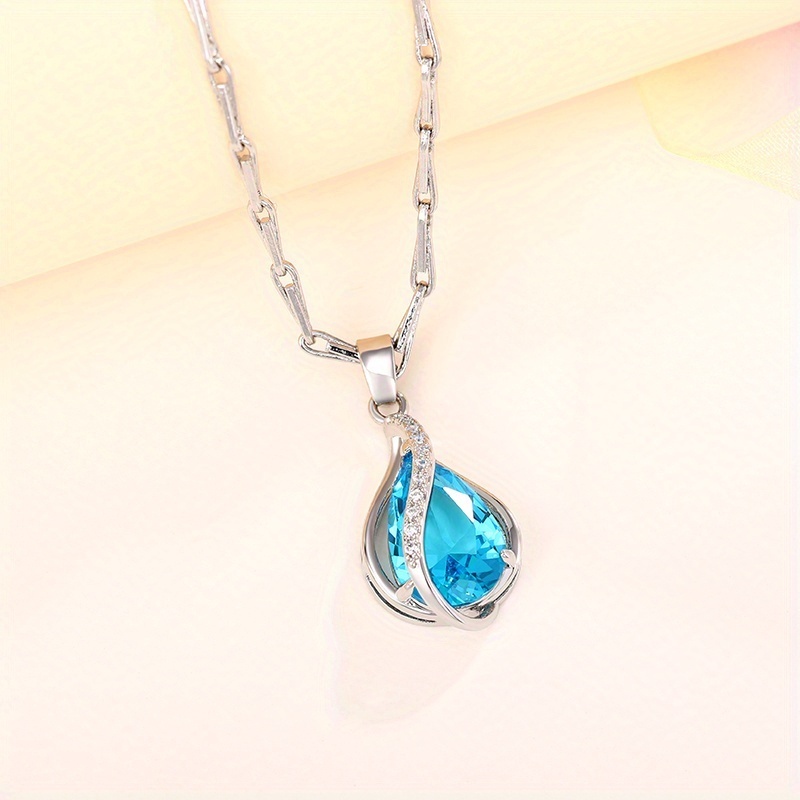 925 Silver Plated Teardrop Aquamarine Pendant Necklace