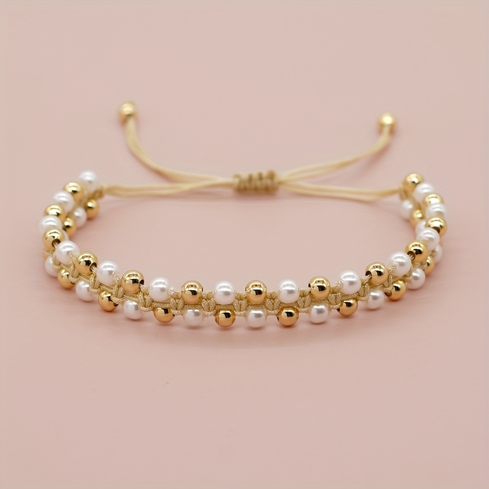 

1pc French Romantic Style Bracelet 14k Plated Made Of Artificial Pearls Match Daily Outfits Party Accessory Adjustable Jewelry