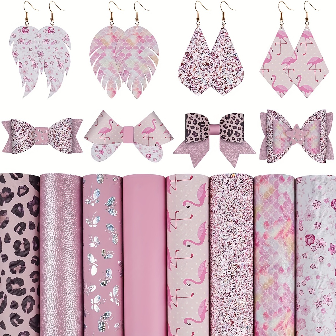 

8pcs 8x12 Inch (20x30cm) Faux Leather Sheets Mixed Pink Series Fine Chunky Glitter Litchi Flamingo Leopard Butterfly Flower Faux Leather Fabric For Leather Bows And Earrings Making