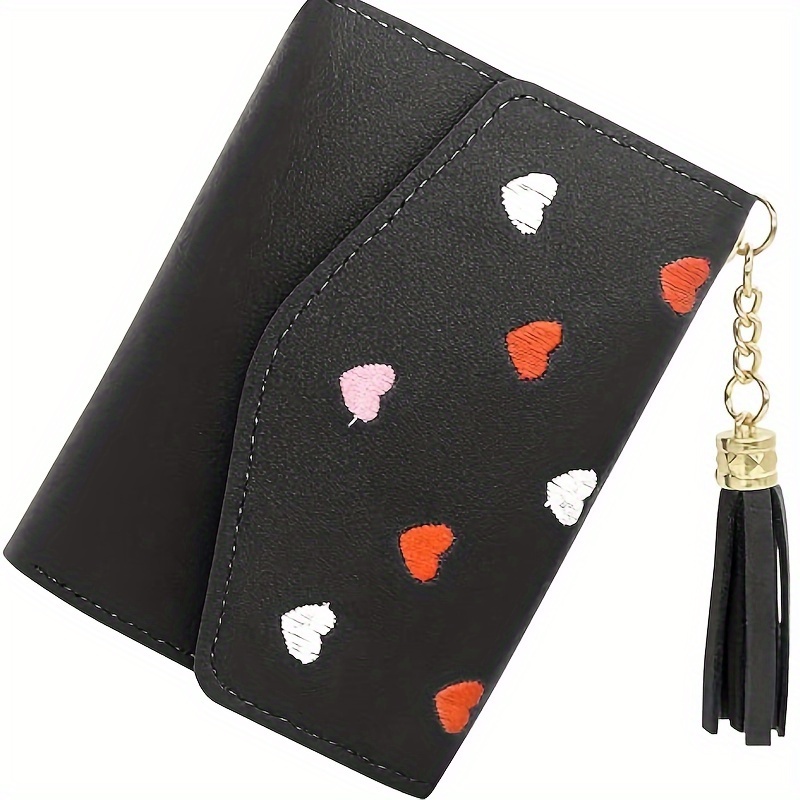 Trendy Three Fold Zero Wallet, Tassel Heart Embroidered Credit