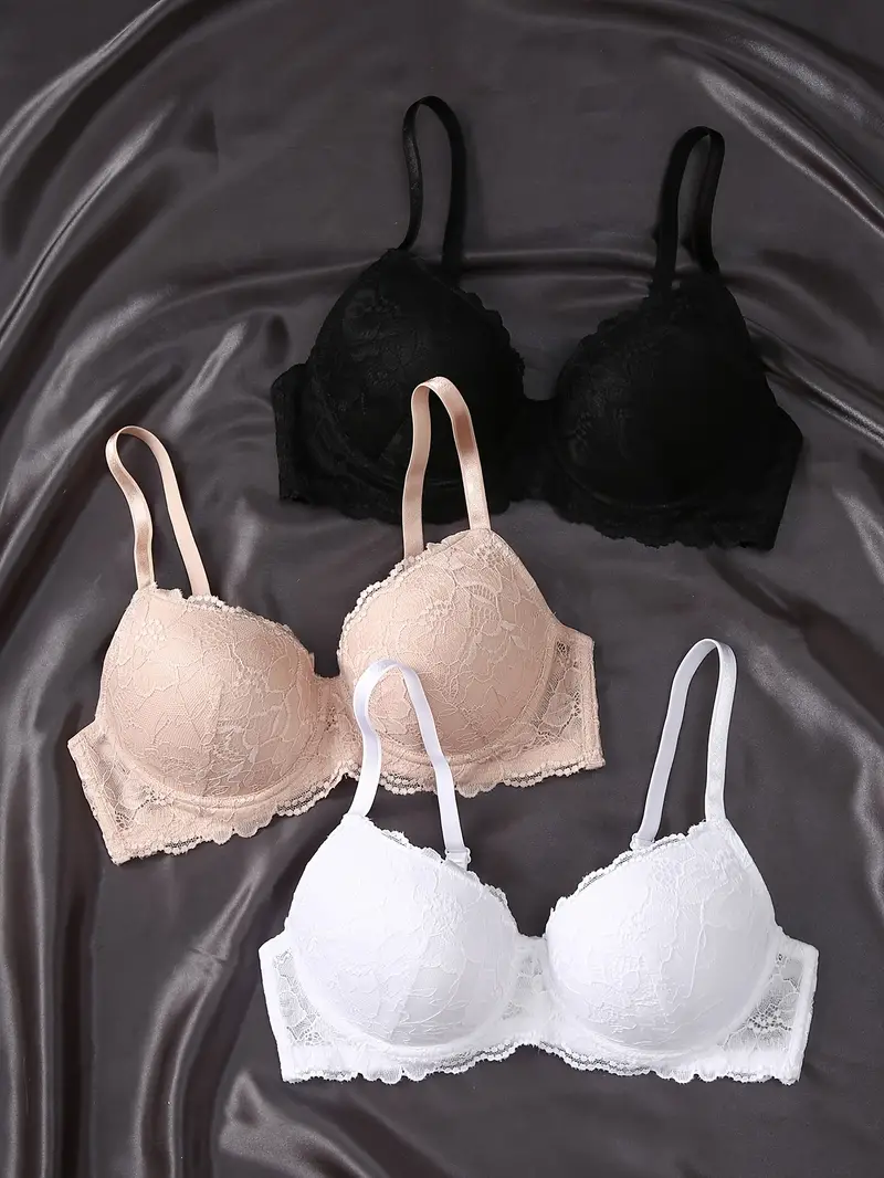 3pcs Contrast Lace Push Up Bras, Comfy & Breathable Intimates Bra, Women's  Lingerie & Underwear
