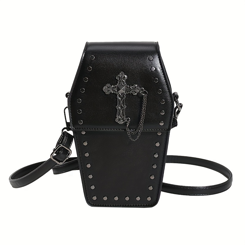 Retro Coffin Shaped Crossbody Bag, Dark Cross Patch Decor Handbag